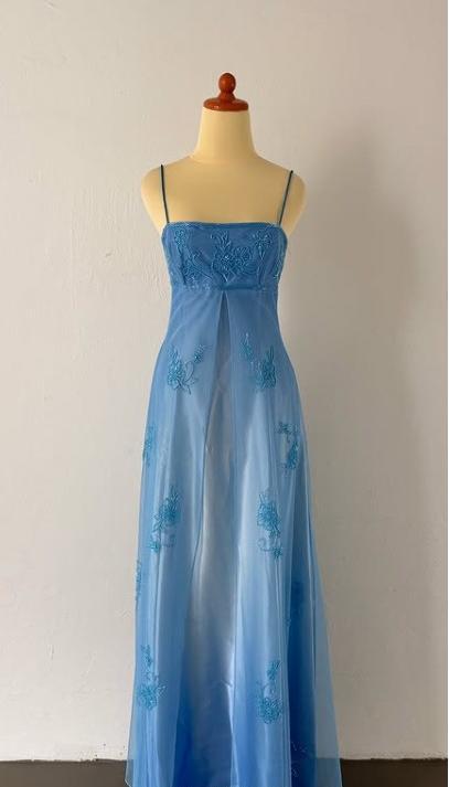 Gothic Vintage Prom Dress Under $170??Gorgeous Spaghetti Straps Beading Applique Gradient Blue Sleeveless Long Evening Dress Main image