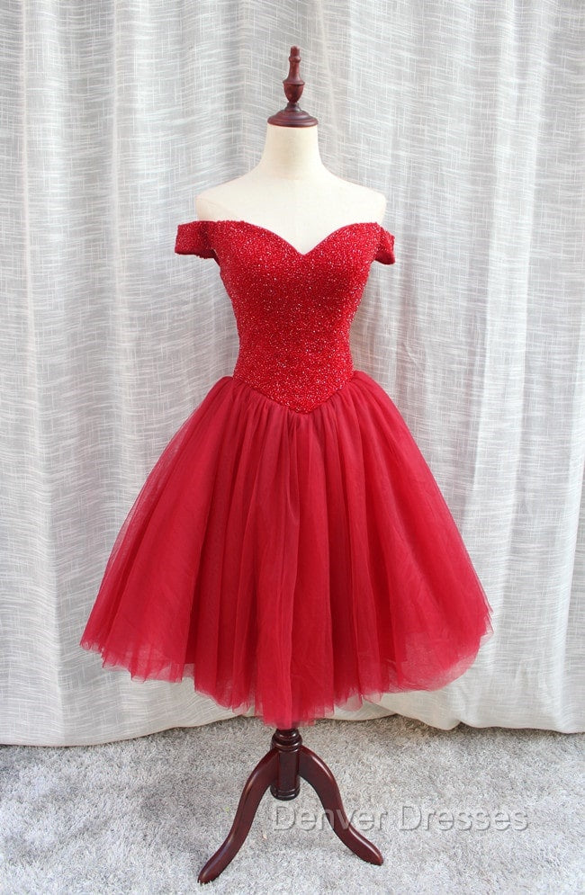 Gorgeous Sparkle Beaded Off Shoulder Red Formal Dress, Red Homecoming Dress Secondary image
