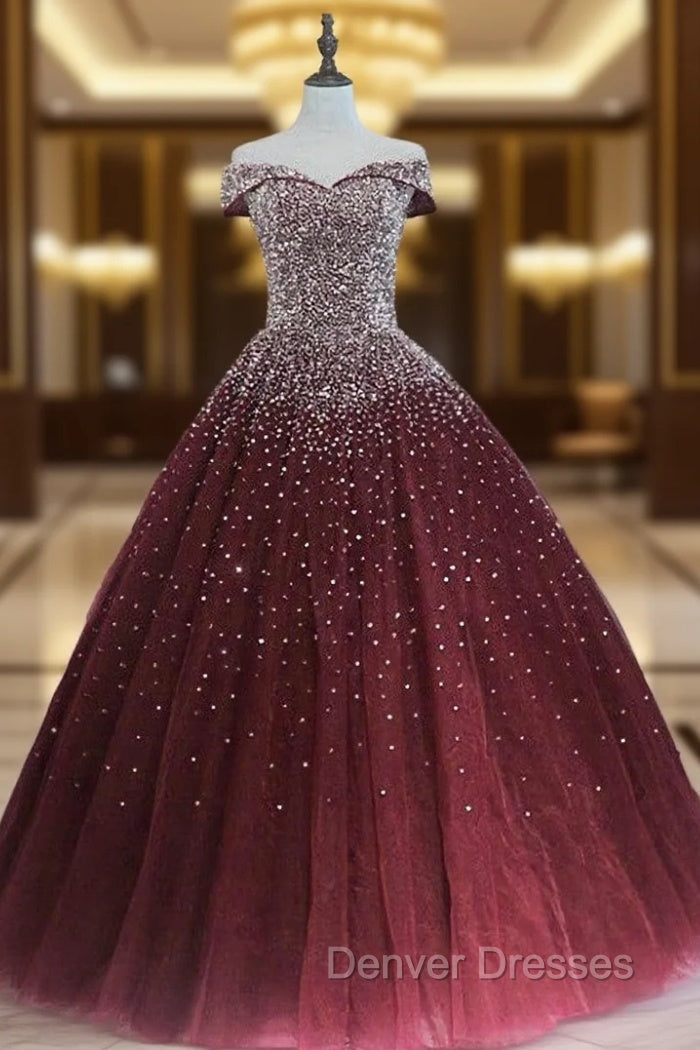 Gorgeous Sparkle Burgundy Off Shoulder Sweet 16 Gown, Burgundy Prom Dress Main image