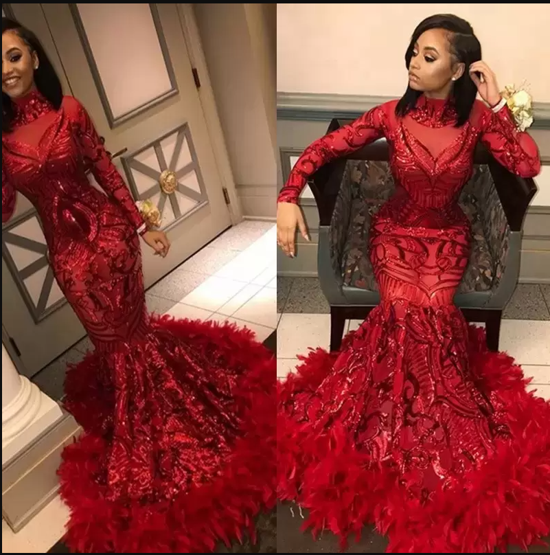 Gorgeous Sparkly Red Mermaid Evening Dress Sequined With Feathers Long Sleeve African Black Girl Prom Dress Formal Party Gown Main image