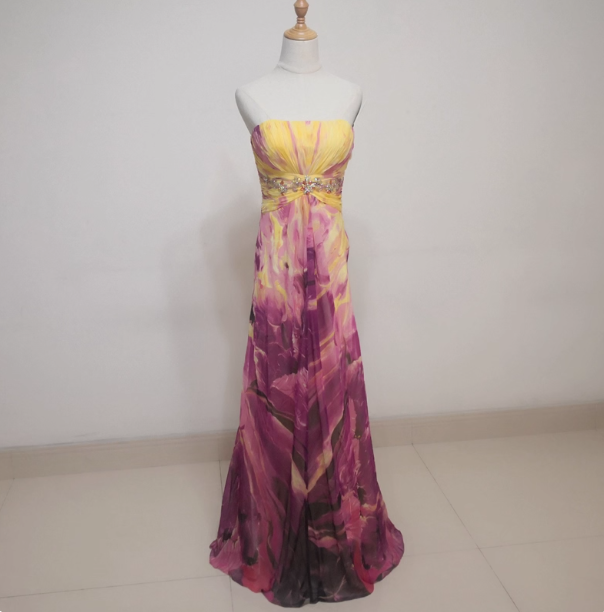 Gorgeous Strapless A-Line Printed Chiffon Long Prom Dress Evening Dress