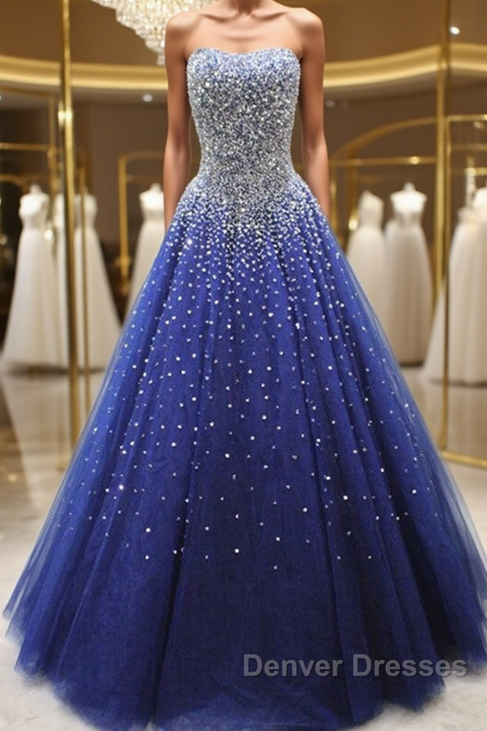 Gorgeous Strapless Blue Tulle Beaded Long Prom Dress, Beaded Blue Formal Evening Dress, Beaded Ball Gown
