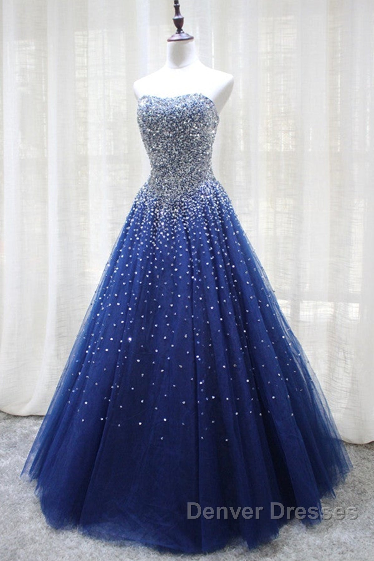 Gorgeous Strapless Blue Tulle Beaded Long Prom Dress, Beaded Blue Formal Evening Dress, Beaded Ball Gown Secondary image