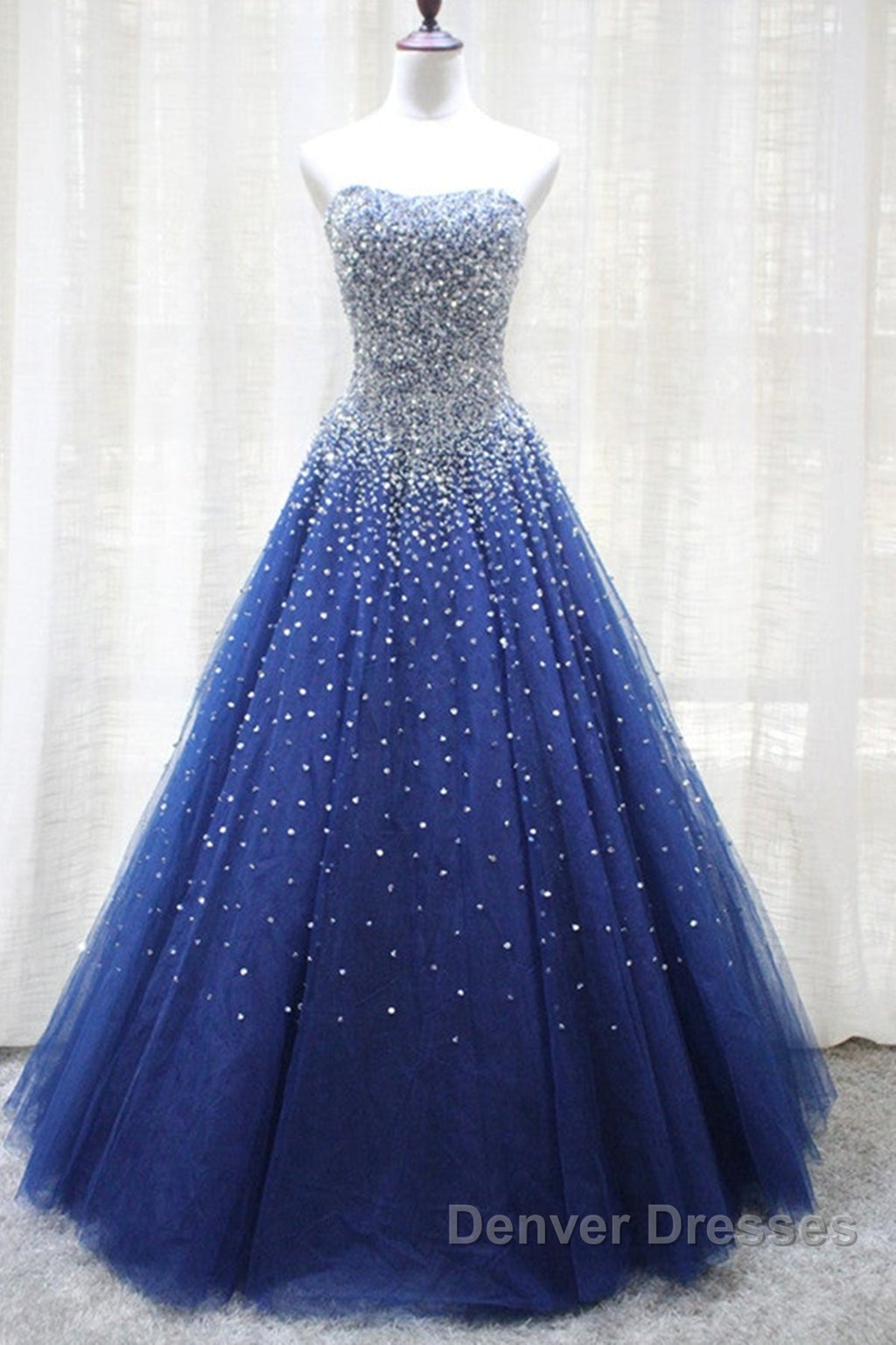 Gorgeous Strapless Blue Tulle Beaded Long Prom Dress, Beaded Blue Formal Evening Dress, Beaded Ball Gown
