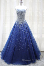 Gorgeous Strapless Blue Tulle Beaded Long Prom Dress, Beaded Blue Formal Evening Dress, Beaded Ball Gown