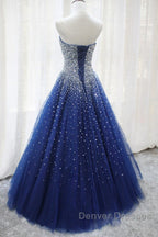 Gorgeous Strapless Blue Tulle Beaded Long Prom Dress, Beaded Blue Formal Evening Dress, Beaded Ball Gown