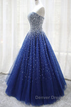 Gorgeous Strapless Blue Tulle Beaded Long Prom Dress, Beaded Blue Formal Evening Dress, Beaded Ball Gown