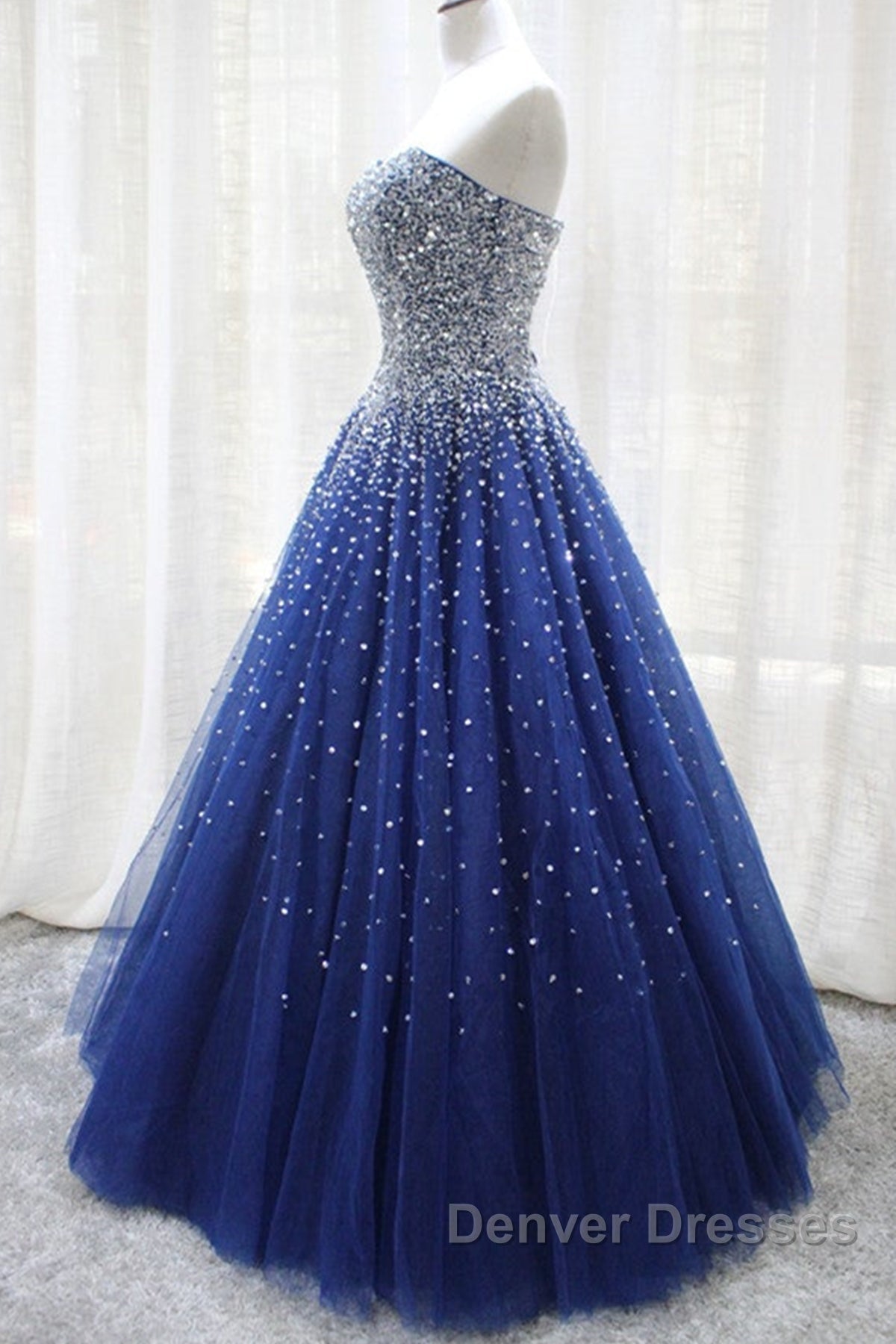 Gorgeous Strapless Blue Tulle Beaded Long Prom Dress, Beaded Blue Formal Evening Dress, Beaded Ball Gown
