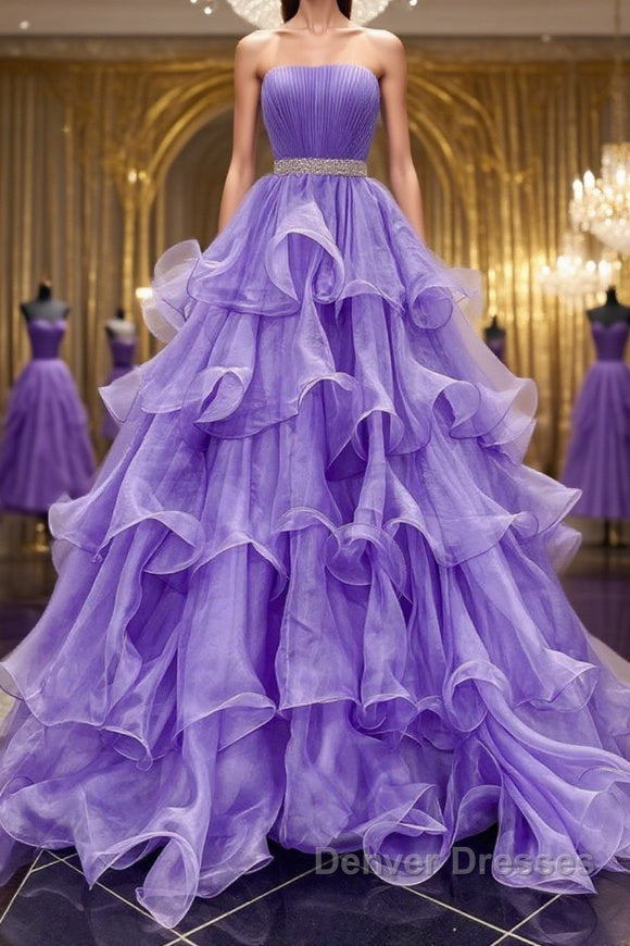 Gorgeous Strapless Layered Purple Tulle Long Prom Dress with Belt, Purple Formal Evening Dress, Purple Ball Gown Main image