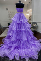 Gorgeous Strapless Layered Purple Tulle Long Prom Dress with Belt, Purple Formal Evening Dress, Purple Ball Gown