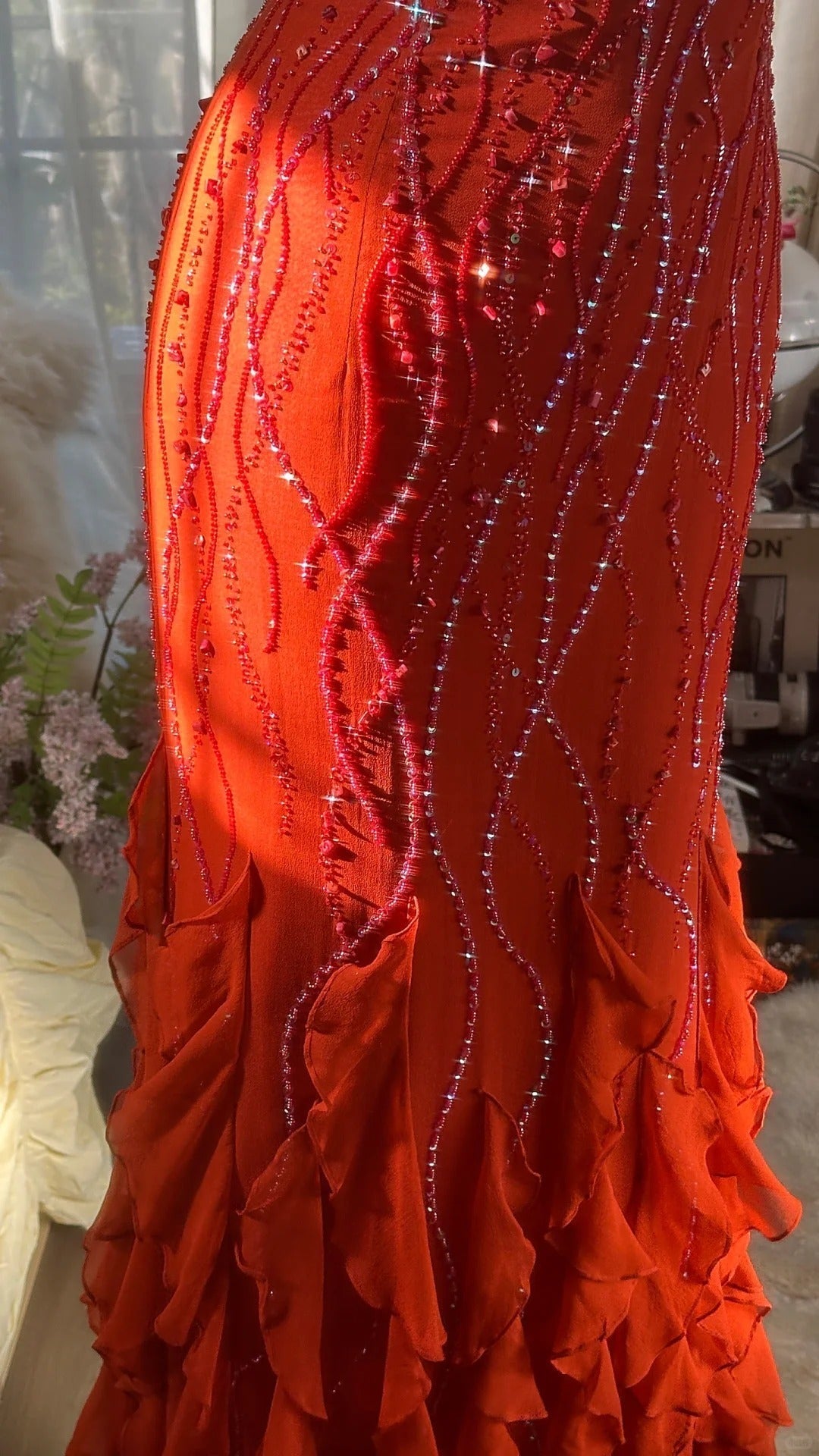 Gorgeous sunset orange chiffon beaded jellyfish skirt evening dress prom dress