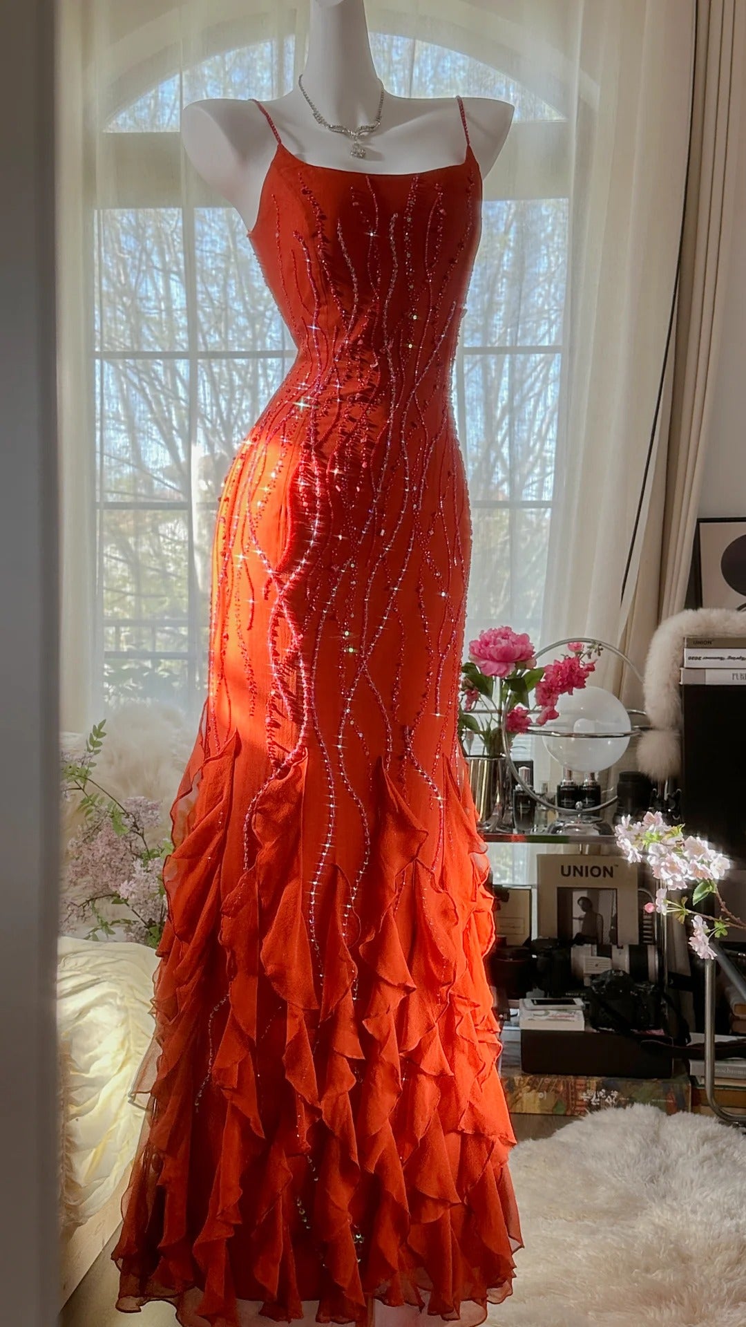 Gorgeous sunset orange chiffon beaded jellyfish skirt evening dress prom dress