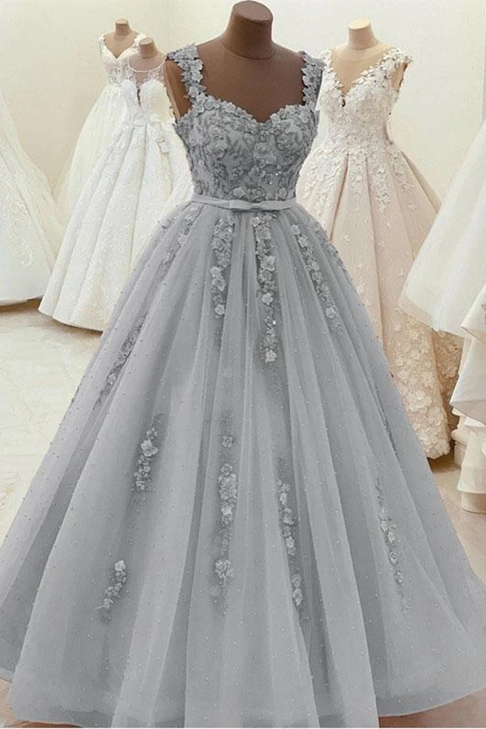 Gorgeous Sweetheart Neck Beaded Gray Floral Lace Prom Dress, Grey Floral Lace Formal Dress, Gray Evening Dress