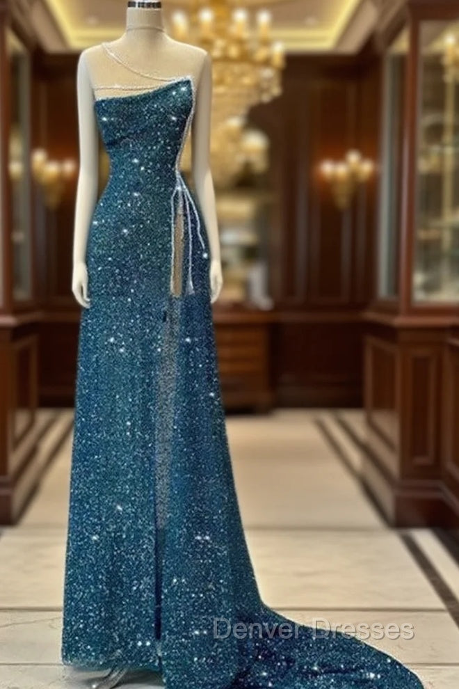 Gorgeous Teal Sheath High Slit Maxi Long Prom Dress,Evening Dress Main image