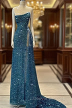 Gorgeous Teal Sheath High Slit Maxi Long Prom Dress,Evening Dress