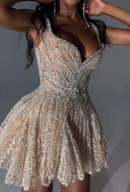 Gorgeous Tulle Beaded A Line Cocktail Dress Champagne Short Homecoming Dress