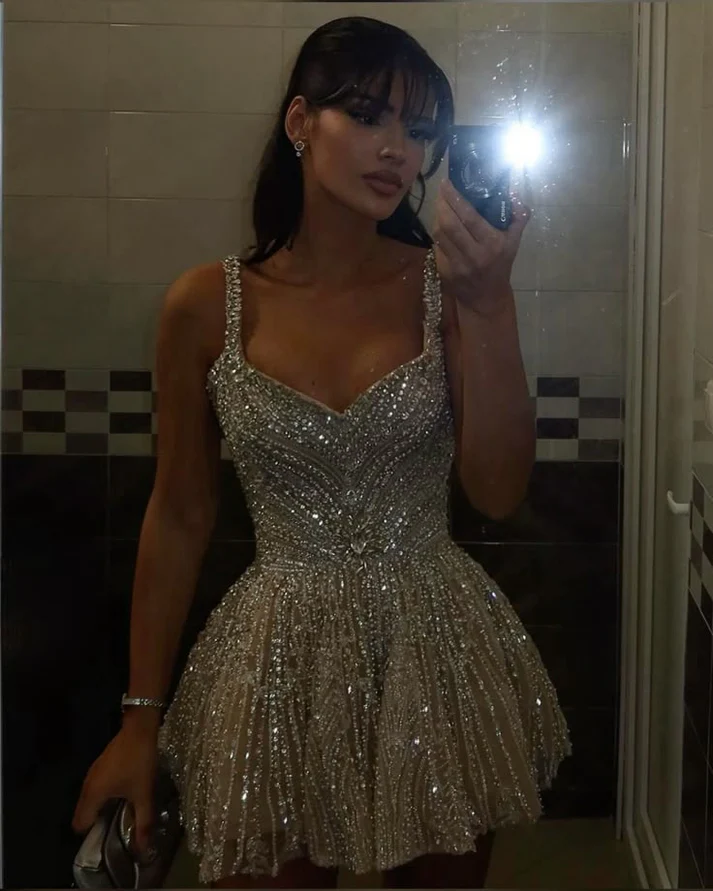 Gorgeous Tulle Beaded A Line Cocktail Dress Champagne Short Homecoming Dress