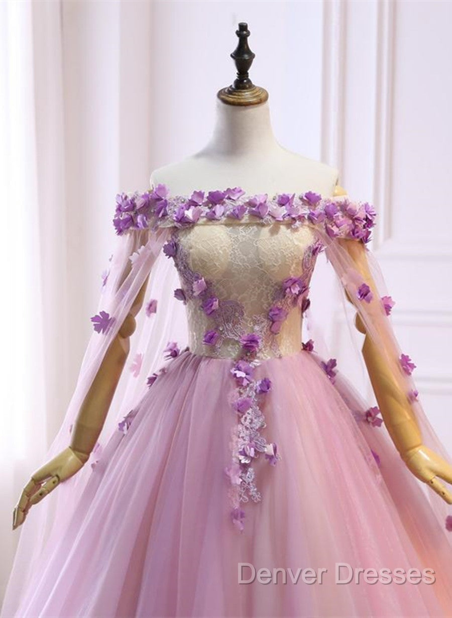 Gorgeous Tulle Off Shoulder Flowers Lace-Up Long Formal Dress, Pink Prom Dress Secondary image