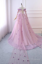 Gorgeous Tulle Off Shoulder Flowers Lace-Up Long Formal Dress, Pink Prom Dress