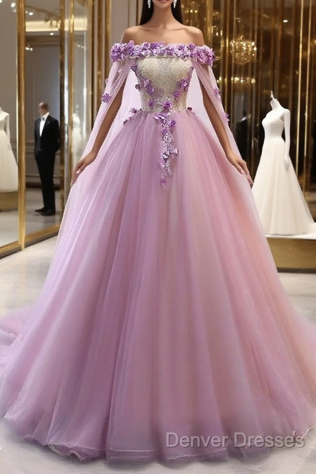Gorgeous Tulle Off Shoulder Flowers Lace-Up Long Formal Dress, Pink Prom Dress Main image