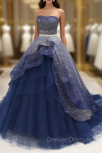 Gorgeous Tulle Strapless Beaded Long Layered Evening Dress, Blue Formal Dress Prom Dress