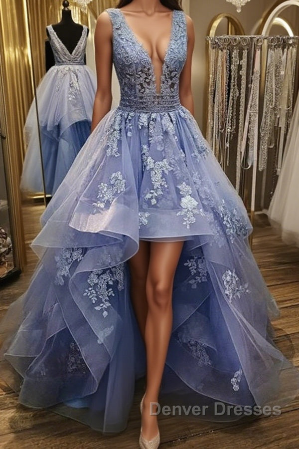 Gorgeous V Neck and V Back Blue Tulle Lace Long Prom Dress, Puffy Blue Lace Formal Evening Dress Main image