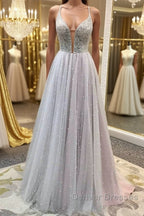 Gorgeous V Neck Backless Beaded Gray Tulle Long Prom Dress, Backless Grey Formal Graduation Evening Dress