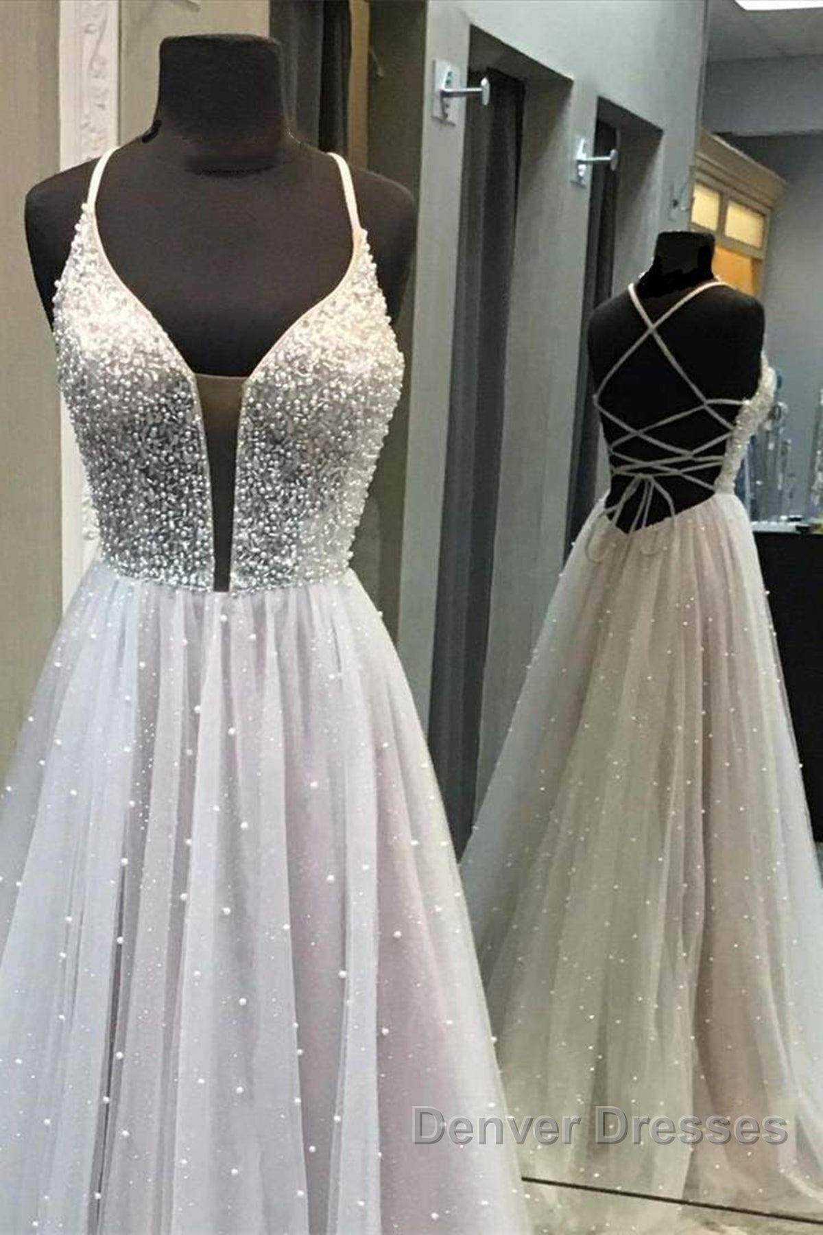 Gorgeous V Neck Backless Beaded Gray Tulle Long Prom Dress, Backless Grey Formal Graduation Evening Dress Secondary image