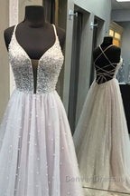 Gorgeous V Neck Backless Beaded Gray Tulle Long Prom Dress, Backless Grey Formal Graduation Evening Dress