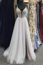Gorgeous V Neck Backless Beaded Gray Tulle Long Prom Dress, Backless Grey Formal Graduation Evening Dress