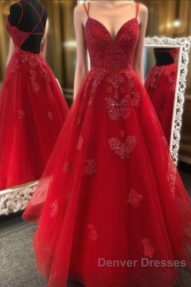 Gorgeous V Neck Backless Red Lace Appliques Prom Dress Main image