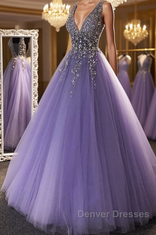 Gorgeous V Neck Beaded Purple Tulle Long Prom Dress, V Neck Purple Formal Evening Dress, Purple Ball Gown Main image