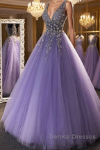 Gorgeous V Neck Beaded Purple Tulle Long Prom Dress, V Neck Purple Formal Evening Dress, Purple Ball Gown