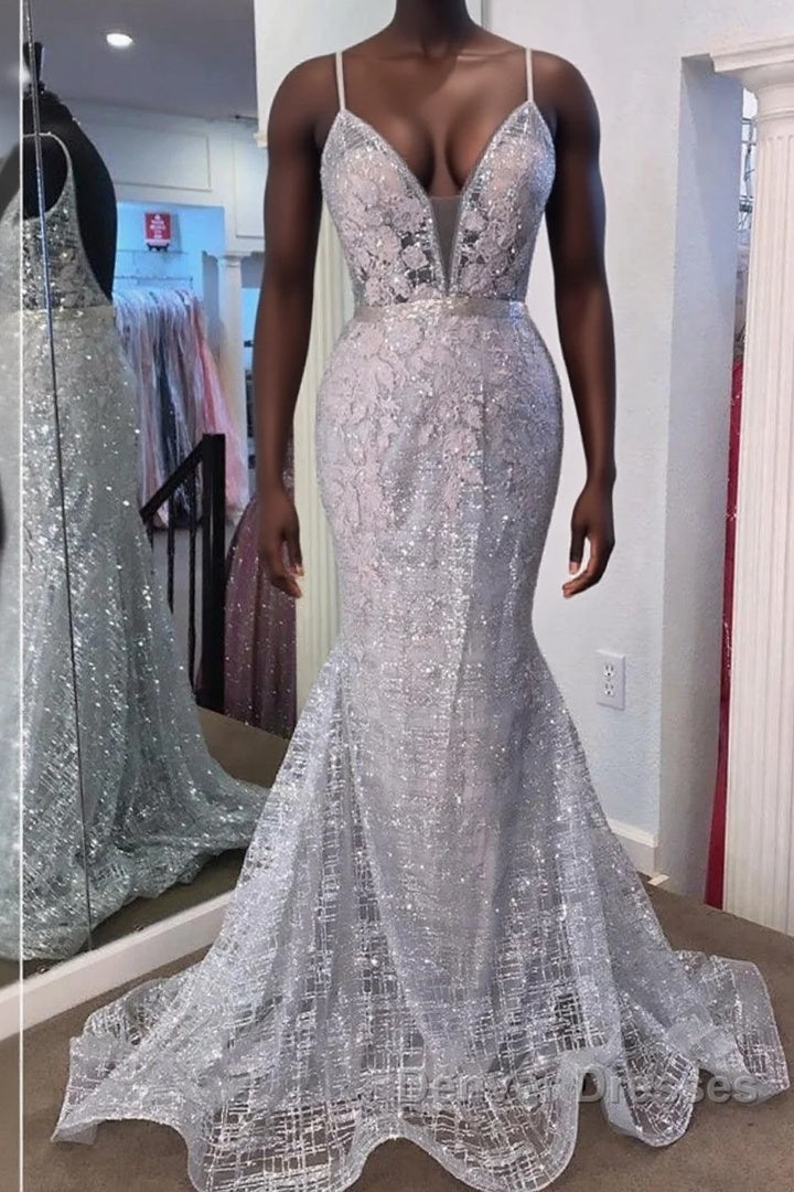 Gorgeous V Neck Mermaid Backless Silver Gray Prom Dress, Mermaid Silver Gray Formal Dress, Backless Silver Gray Evening Dress Main image