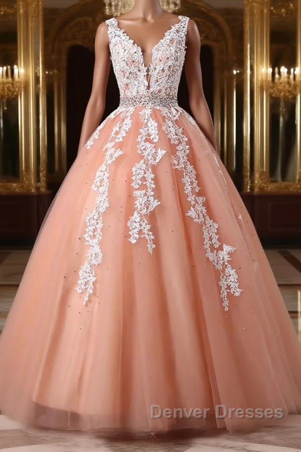 Gorgeous V Neck Open Back Coral Lace Floral Long Prom Dress, Coral Lace Formal Dress, Coral Evening Dress with Appliques Main image