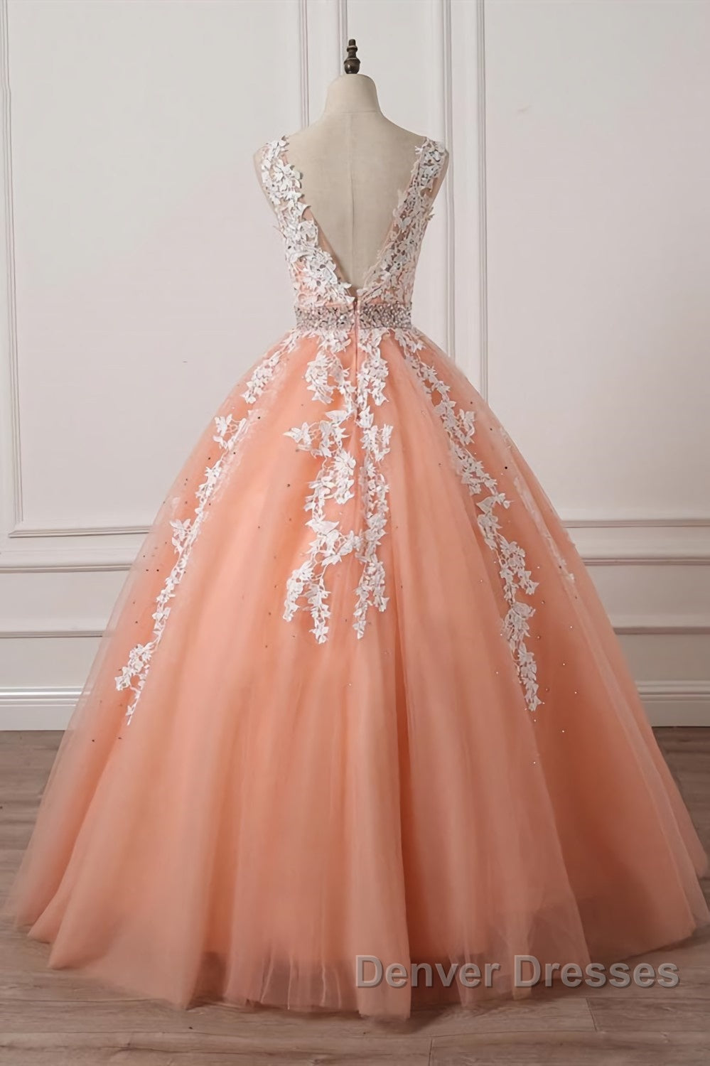 Gorgeous V Neck Open Back Coral Lace Floral Long Prom Dress, Coral Lace Formal Dress, Coral Evening Dress with Appliques Secondary image