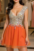 Gorgeous V Neck Open Back Orange Short Prom Homecoming Dress, Short Orange Formal Evening Dress