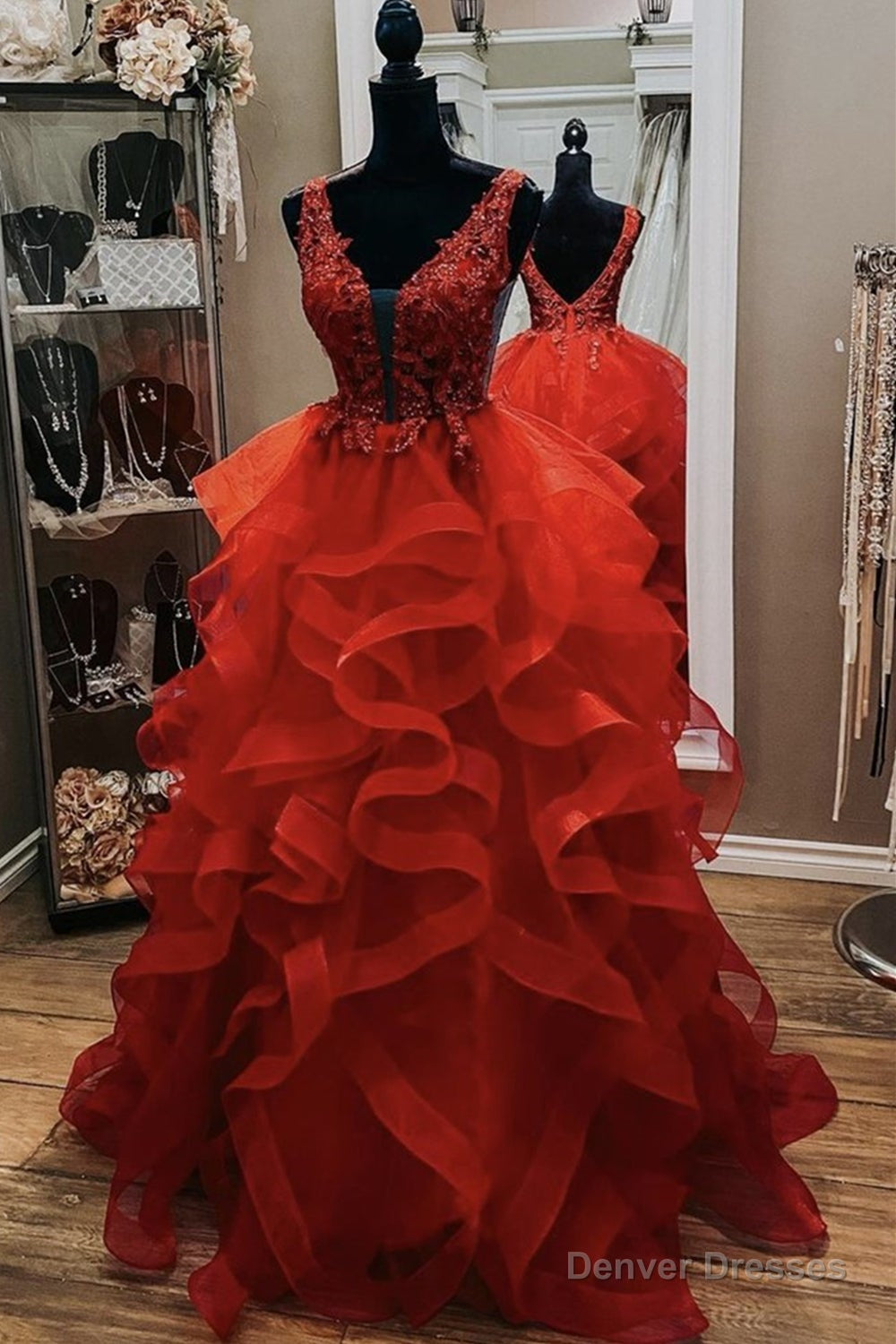 Gorgeous V Neck Open Back Red Lace Long Prom Dress,Formal Evening Dress,Red Ball Gown Party Dresses Main image