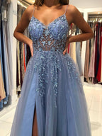 Gorgeous V Neck Open Back Smoky Gray Beaded Long Prom Dress, High Slit Smoky Grey Long Formal Evening Dress