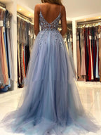 Gorgeous V Neck Open Back Smoky Gray Beaded Long Prom Dress, High Slit Smoky Grey Long Formal Evening Dress