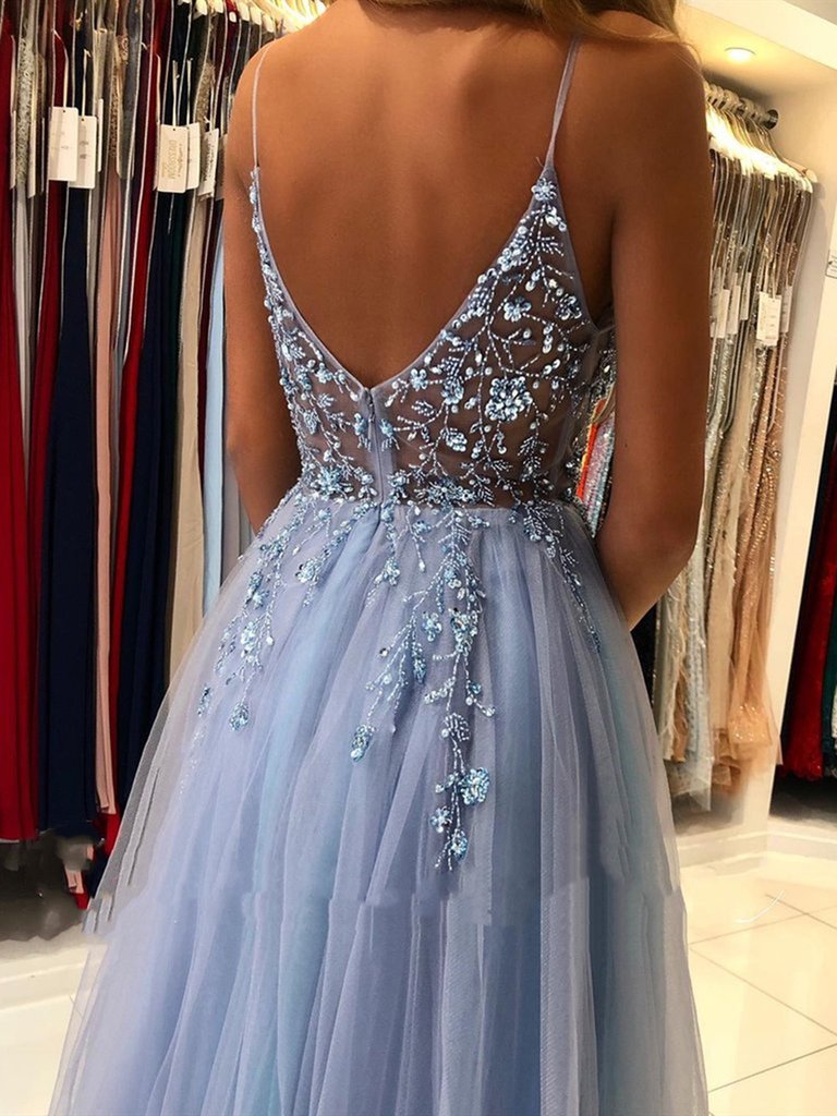 Gorgeous V Neck Open Back Smoky Gray Beaded Long Prom Dress, High Slit Smoky Grey Long Formal Evening Dress