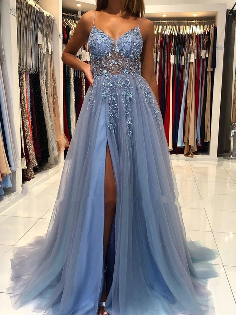 Gorgeous V Neck Open Back Smoky Gray Beaded Long Prom Dress, High Slit Smoky Grey Long Formal Evening Dress