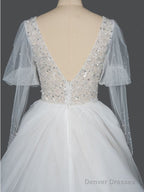 Gorgeous V-Neck Shinny Sequins A-Line Wedding Dress Sheer Sleeves,