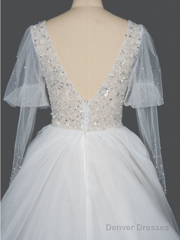 Gorgeous V-Neck Shinny Sequins A-Line Wedding Dress Sheer Sleeves, Secondary image