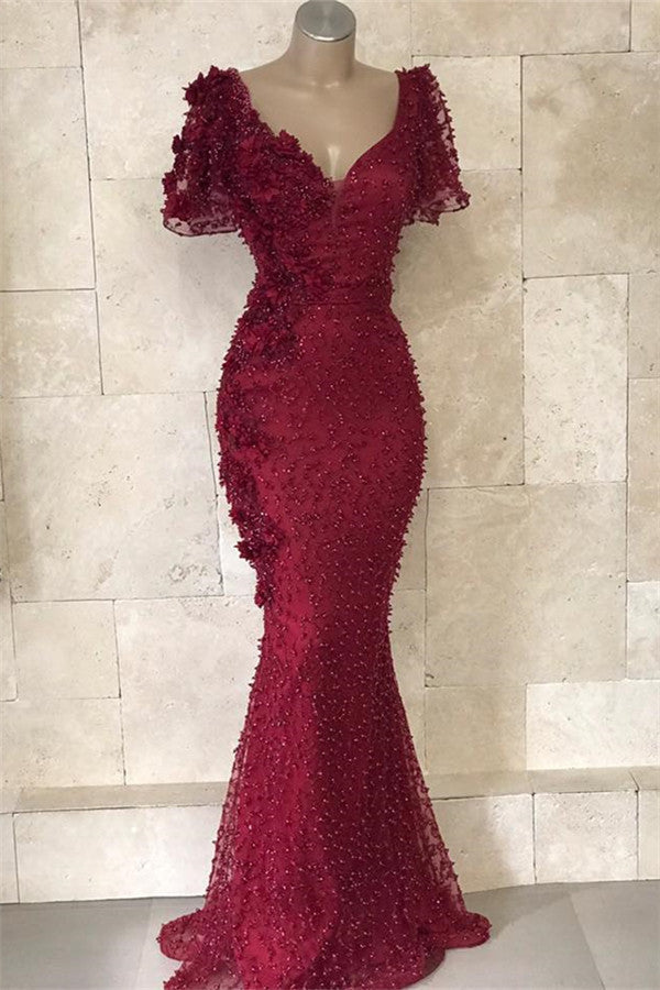 Gorgeous V-Neck Short Sleeves Beading Flower Mermaid Floor-Length Prom Dresses Main image