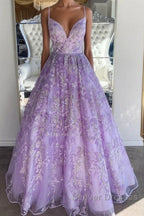 Gorgeous V Neck Thin Straps Purple Long Prom Dress, V Neck Purple Formal Evening Dress, Purple Ball Gown