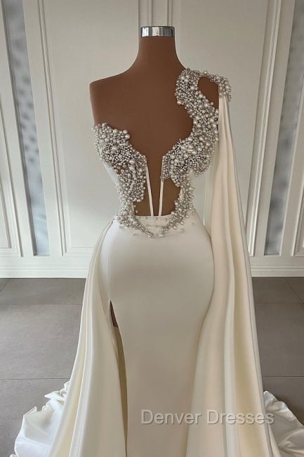 Gorgeous White A-line One Shoulder Graduation Dress Long Glitter Prom Dress With Split Online Secondary image