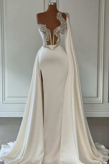 Gorgeous White A-Line One Shoulder Graduation Dresses Long Glitter Prom Dresses With Split Online Main image