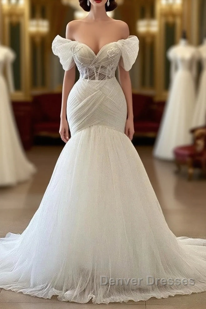 Gorgeous White Long Mermaid Off the Shoulder Tulle Wedding Dress Main image