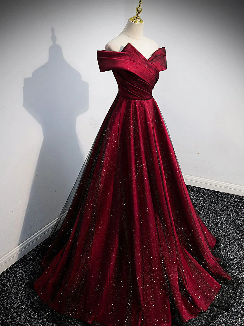 Gorgeous Wine Red Satin Off Shoulder Party Dress , Beautiful Wine Red Prom Dress